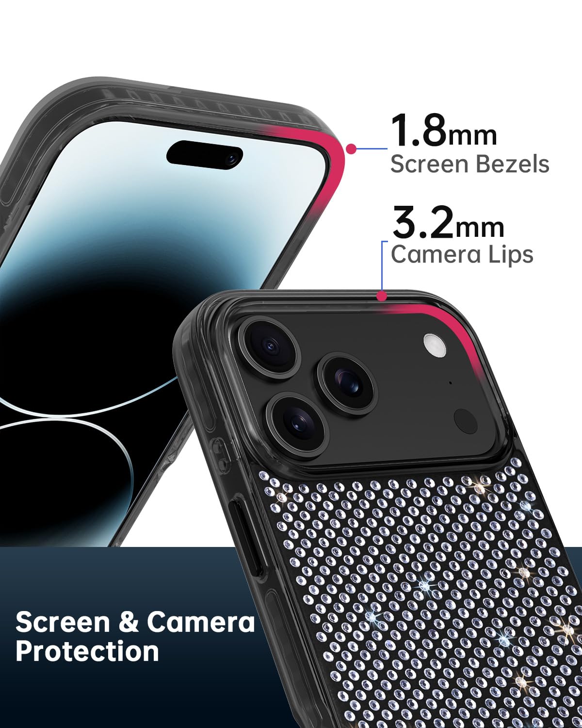 SCORPIFY Custodia per iPhone 9 Pro Max, custodia per iPhone 8 Pro Max con design con diamanti bianchi, custodia protettiva per telefono con strass bianchi, per donne e ragazze, paraurti glitterato con