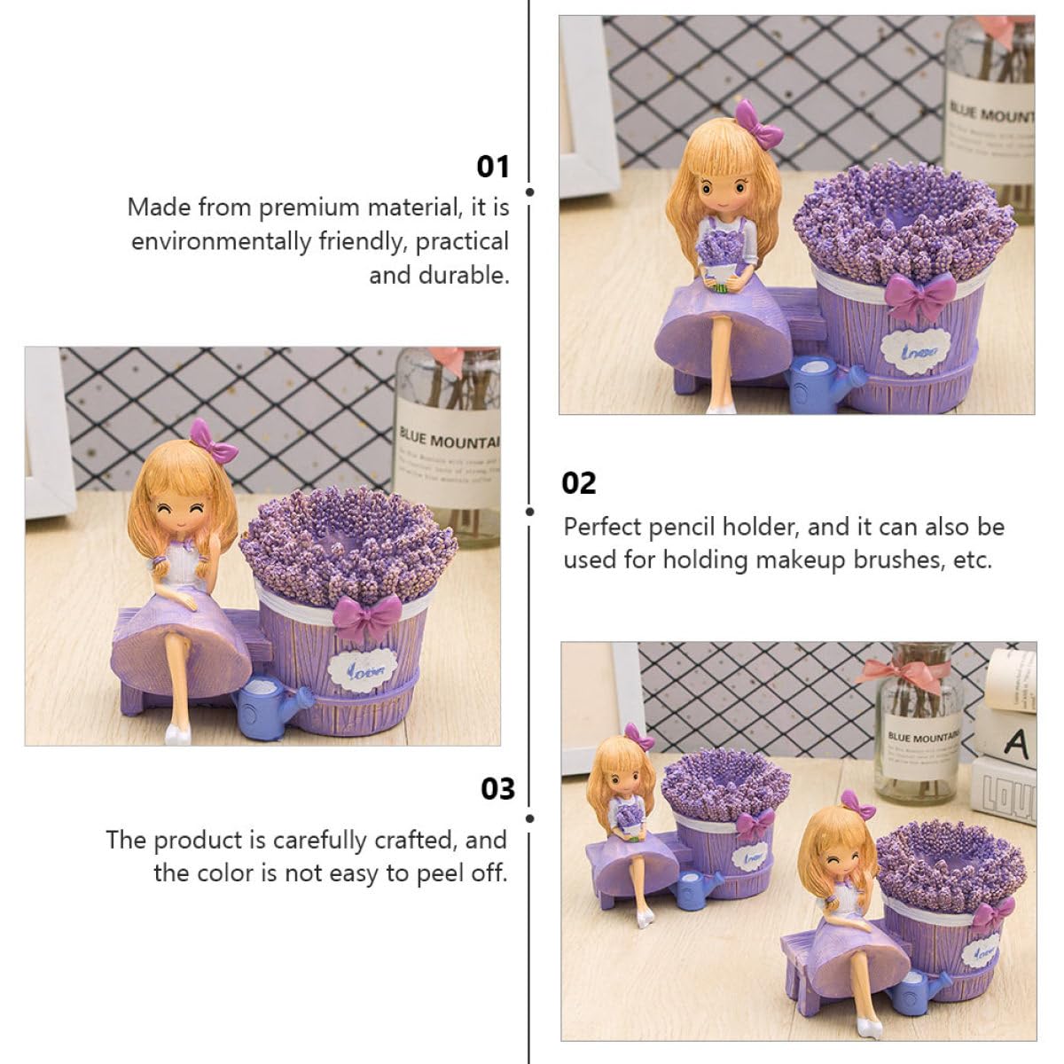 BESTYASH Portalápices de Resina Lavanda para Escritorio, 2 Piezas | Figura Creativa, Estilo Abrazo Flor y Sonrisa Guiñada, Adorno de Mesa, Paquete Doble
