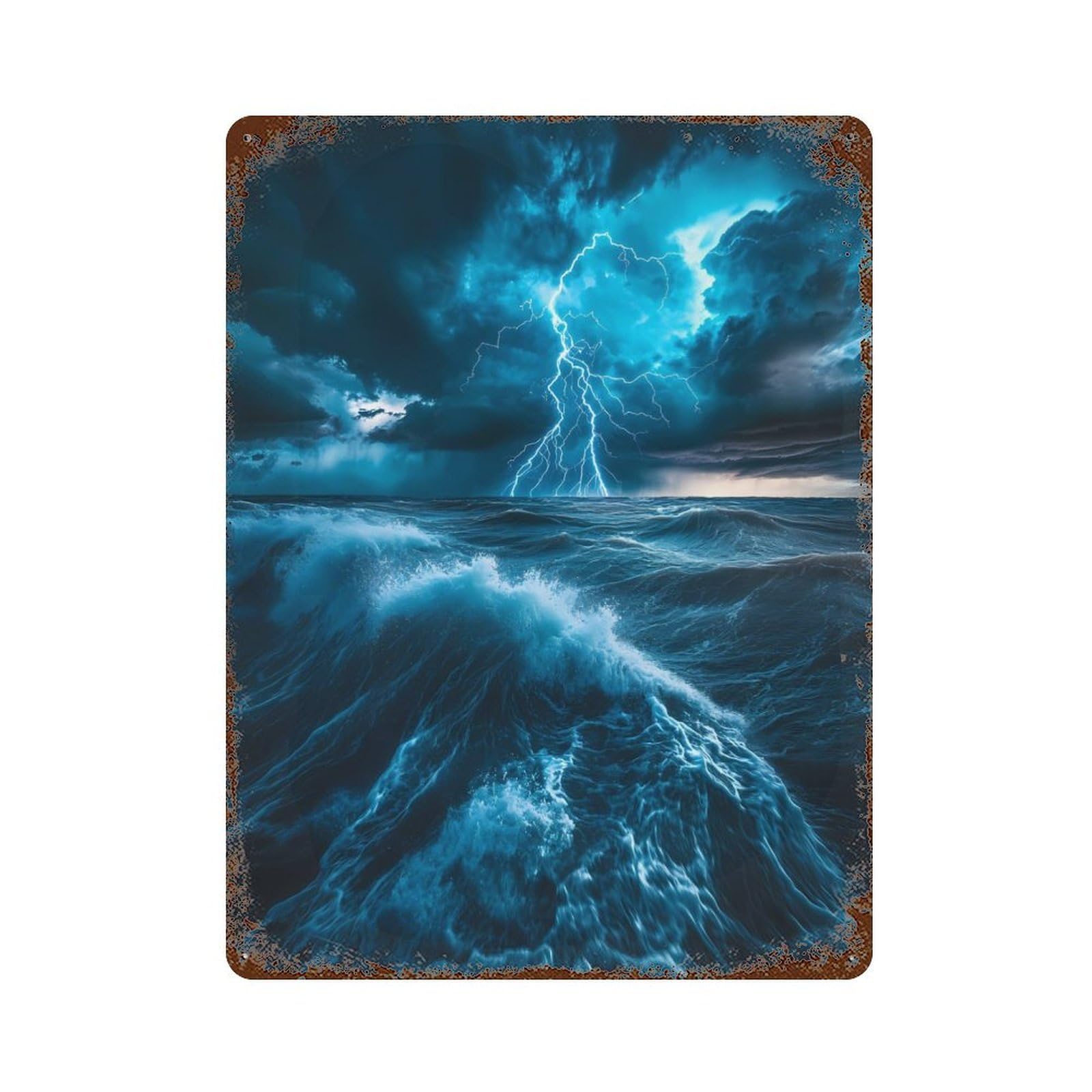 Garage Style Lightning Storm Over Ocean Vintage Rust Metal Sign 15.7"x11.8", Rustic Home Decor for Bar And Workshop