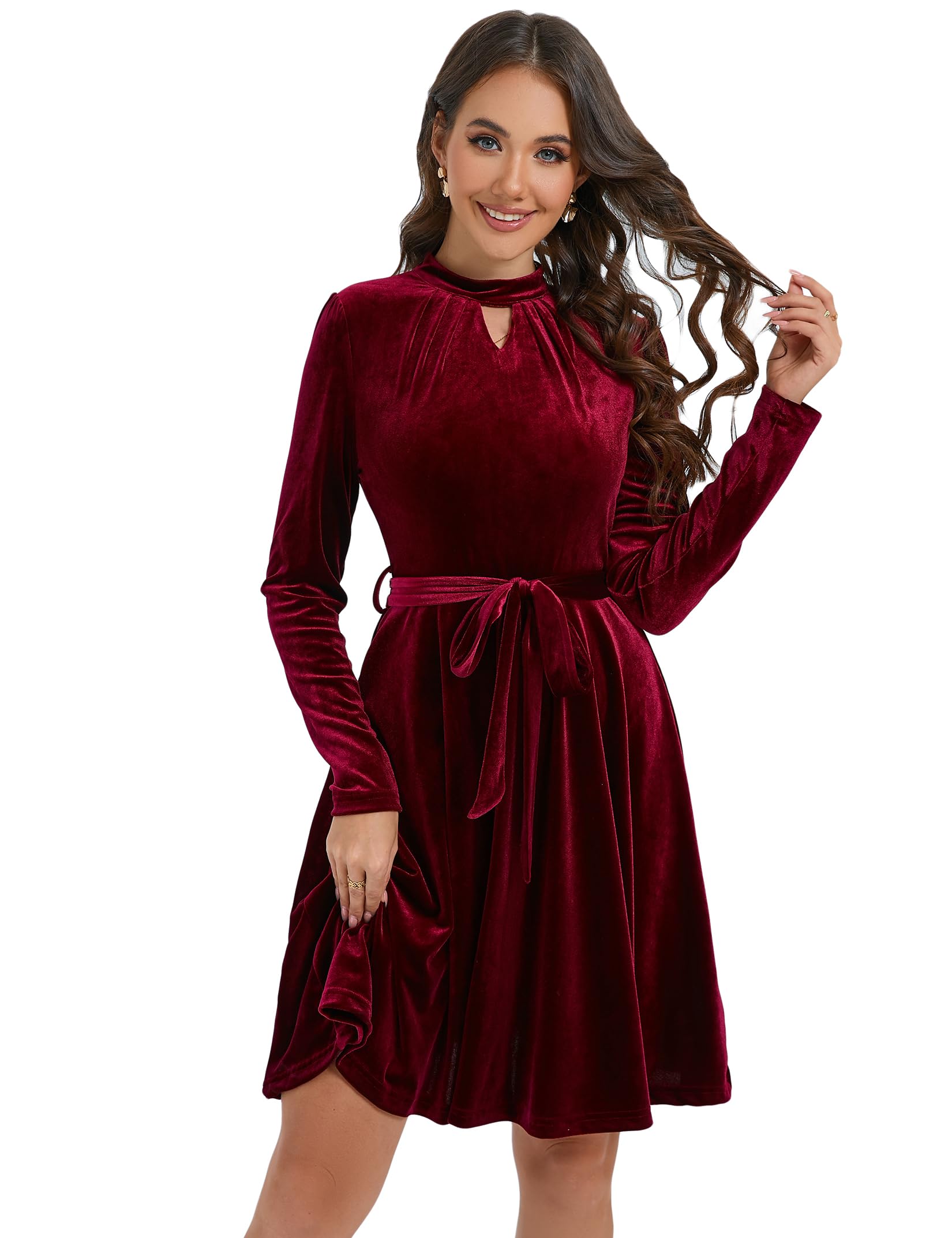 KOJOOIN Samtkleid Damen Kurz Elegant Satin Cocktailkleid Langarm Rockabilly A-Linien Festlich Kleid mit Gürtel（Verpackung MEHRWEG）
