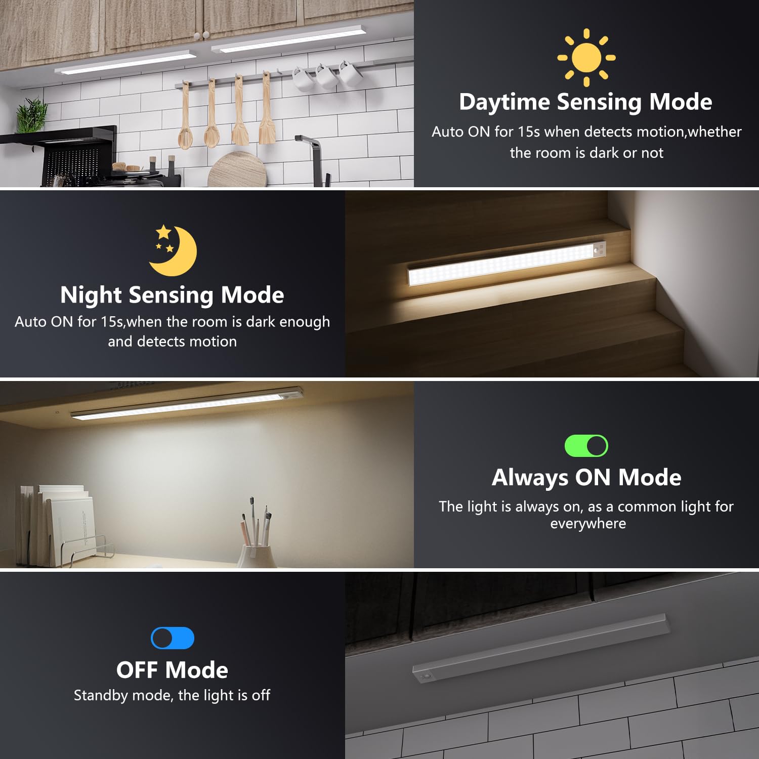 OUILA Luce Armadio LED con Sensore di Movimento Luci Notturna LED 4 Modalità Lampada Guardaroba Luce da Esposizione 5000mAh USB Ricaricabile Cucina, Scale, Corridoio, Garage - 60cm*2 Pezzi