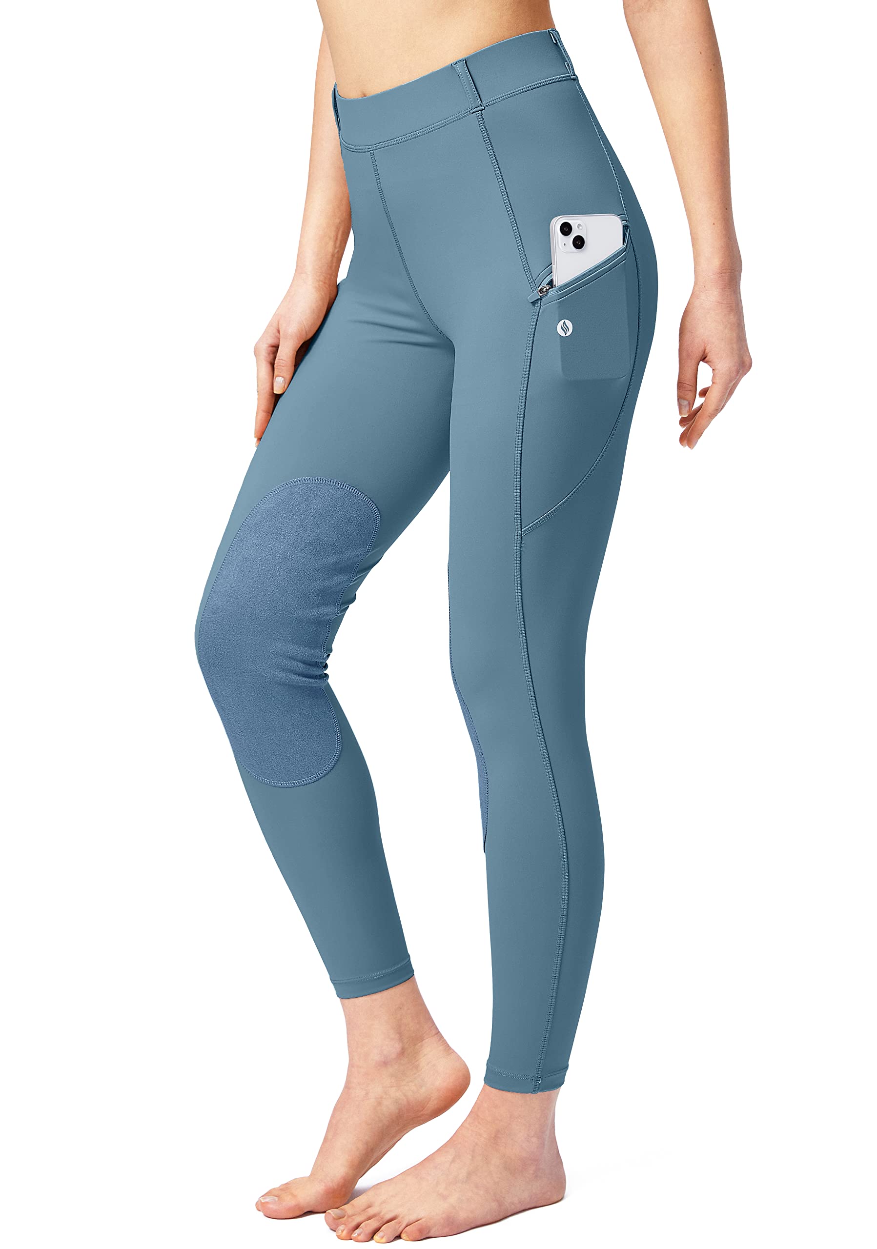 Women's Horse Riding Pants with Zipper Pockets Knee-Patch Schooling Tights Equestrian Breeches for Women (Dusty Blue_XS)