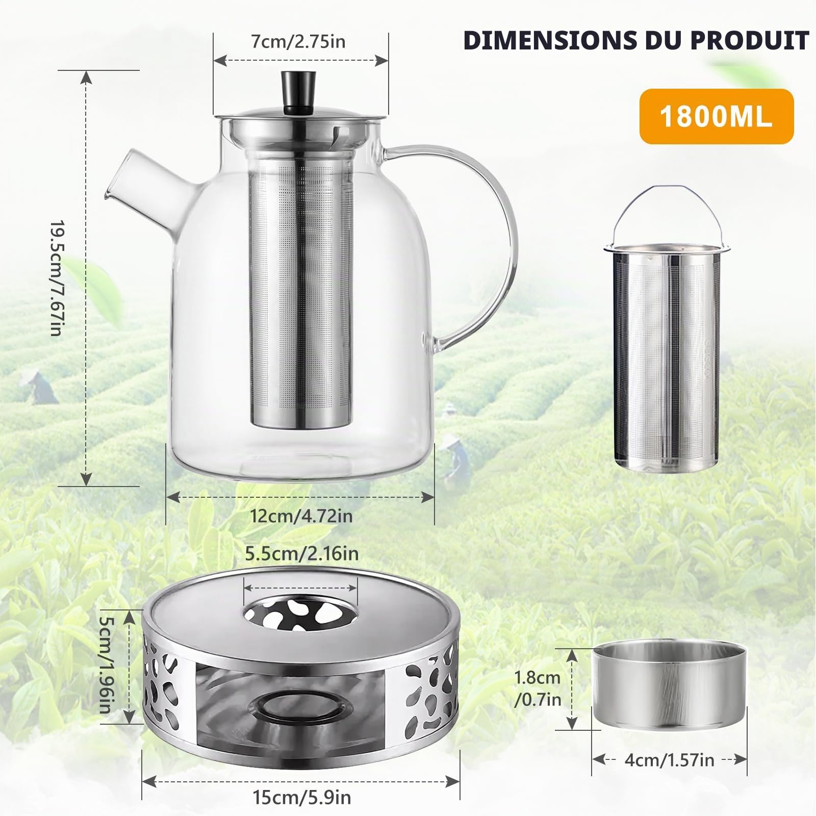 Théière en verre de 1,8 L avec infuseur et chauffe-plat, théière en verre avec infuseur en acier inoxydable et sous-verre de maintien au chaud, théière résistante à la chaleur pour thé en vrac et