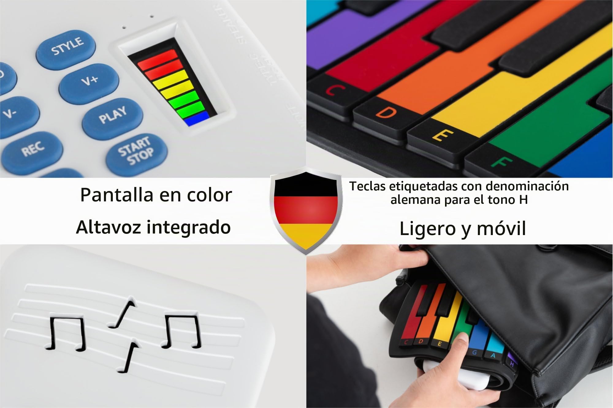 McGrey RA-49 Piano Roll-Up Infantil, 8 timbres, 6 Canciones Demo, 5 x 2 cm | 49 teclas de piano coloridas en tamaño estándar, Nombre de nota en alemán en cada tecla colorida, Salida para auriculares