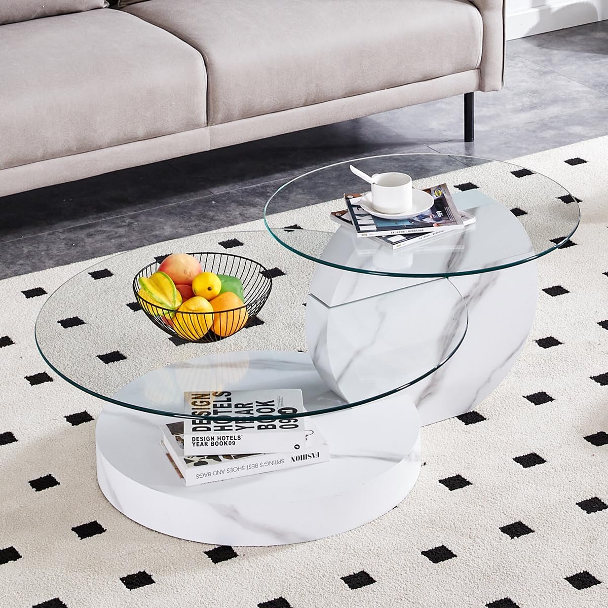 42" Glass Coffee Table｜Round Coffee Table｜3-Tier Design with Tempered Glass Tabletop｜White Marble Color Wooden Base｜Large Storage Space｜Smooth Edge｜Ideal for Living Room｜Easy Assembly