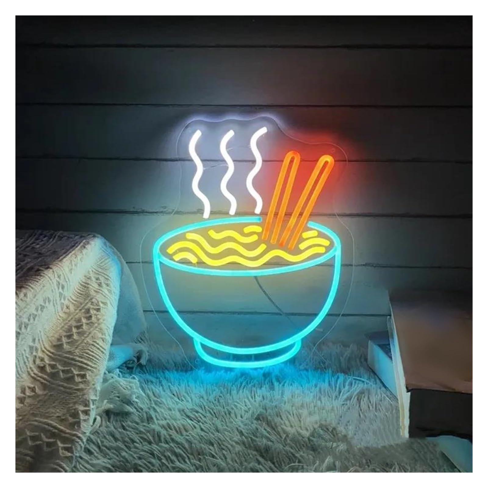 LEMST Signs Lamp Ramen Bowl Neon Sign, Japanese Noodles Restaurant Neon Light Kitchen Wall Decor Japanese Food Bar Business Decor 32x40cm(Blue)