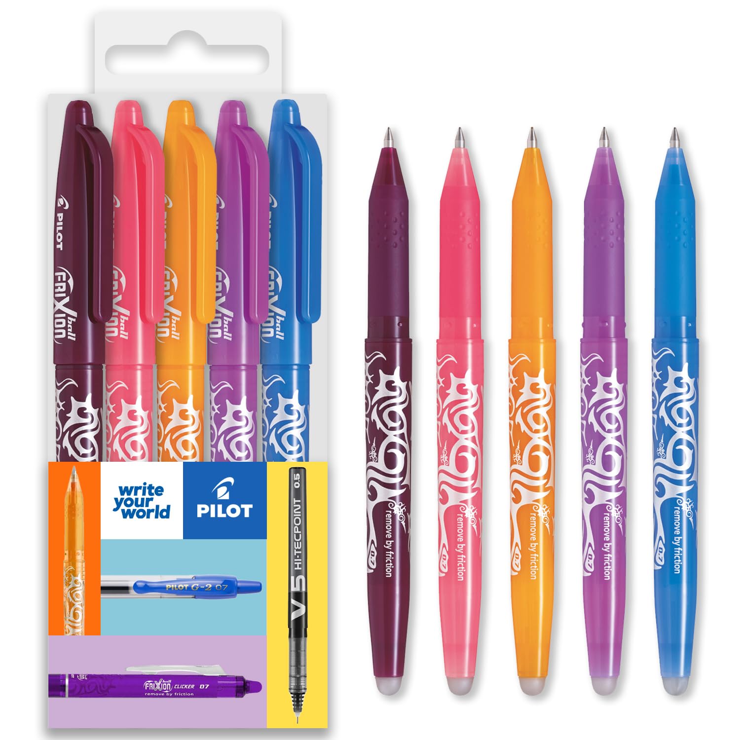 Pilot Frixion FR7 - Bolígrafo de punta redonda borrable por calor y fricción, punta media de 0,7 mm, paquete de 5 unidades, rojo vino, rosa coral, naranja albaricoque, morado y azul cielo