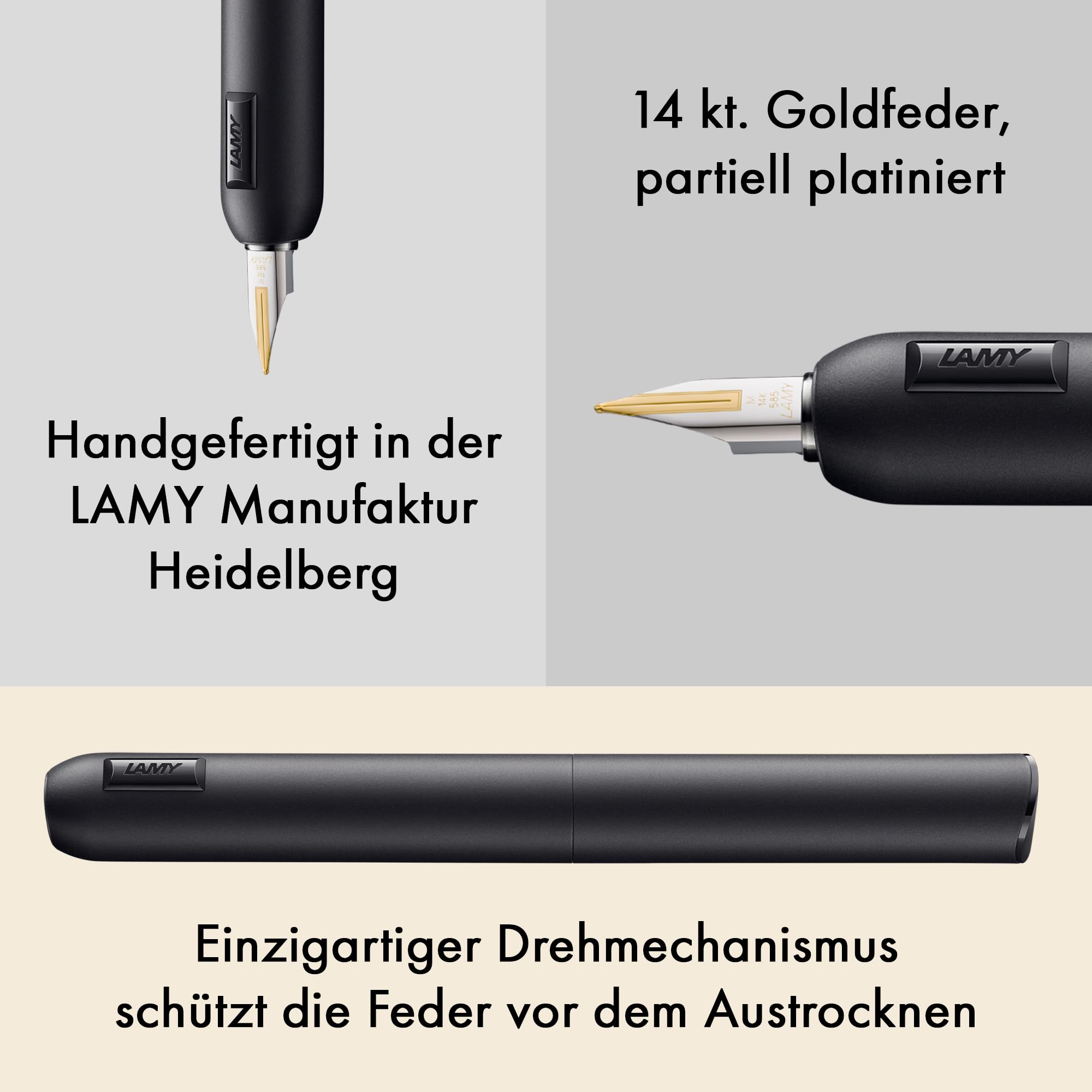 Lamy dialog cc all black Füller - kappenloser Füllhalter mit Drehmechanismus -14 kt. Bicolor-Goldfeder, partiell platiniert & in Strichbreite B –Tintenpatrone T 10 blau & Konverter Z 27 –Rechtshänder