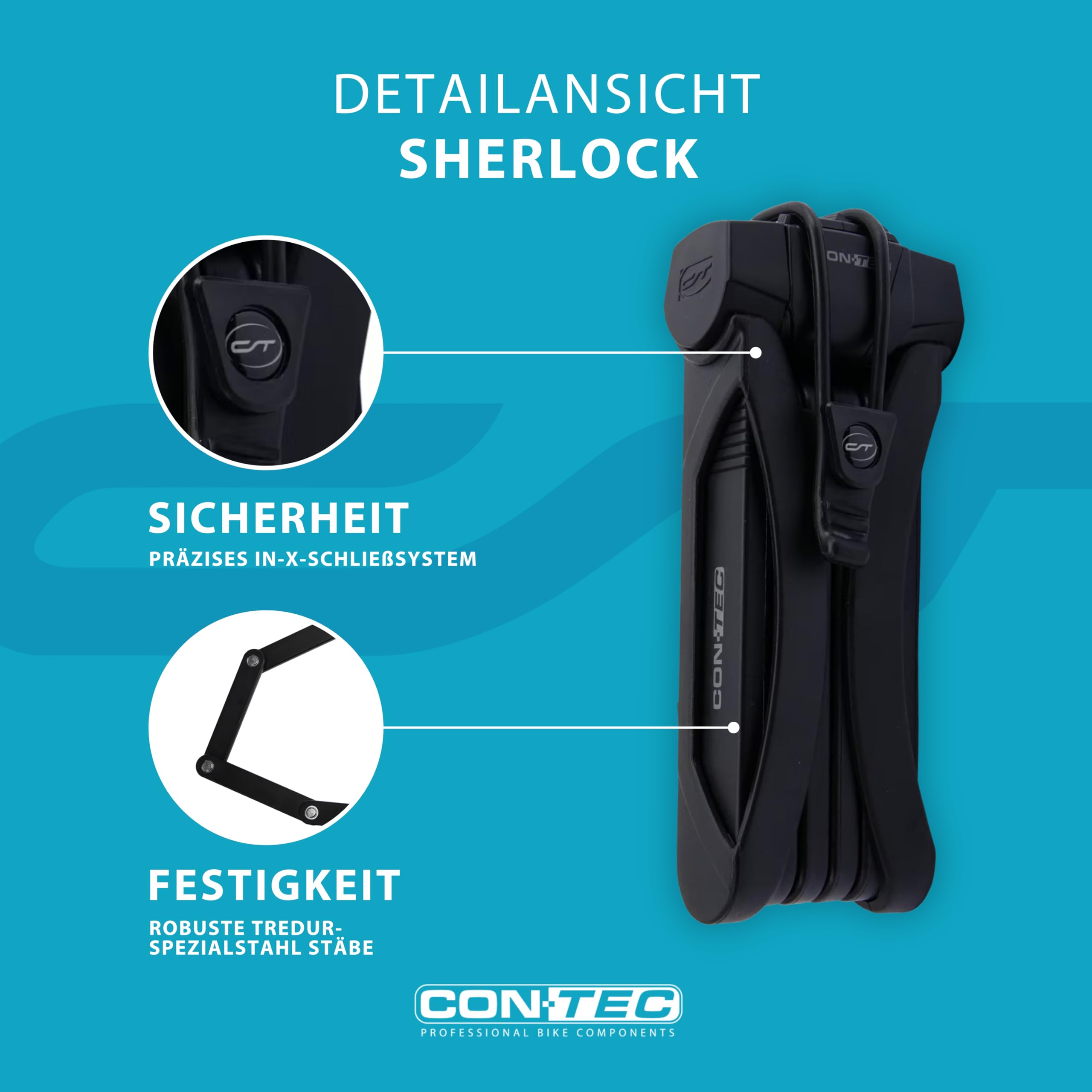 CONTEC Lucchetto pieghevole per bicicletta SherLock, robusto acciaio speciale Tredur, 85 cm, con supporto, sistema a chiave reversibile e serratura a chiave, nero