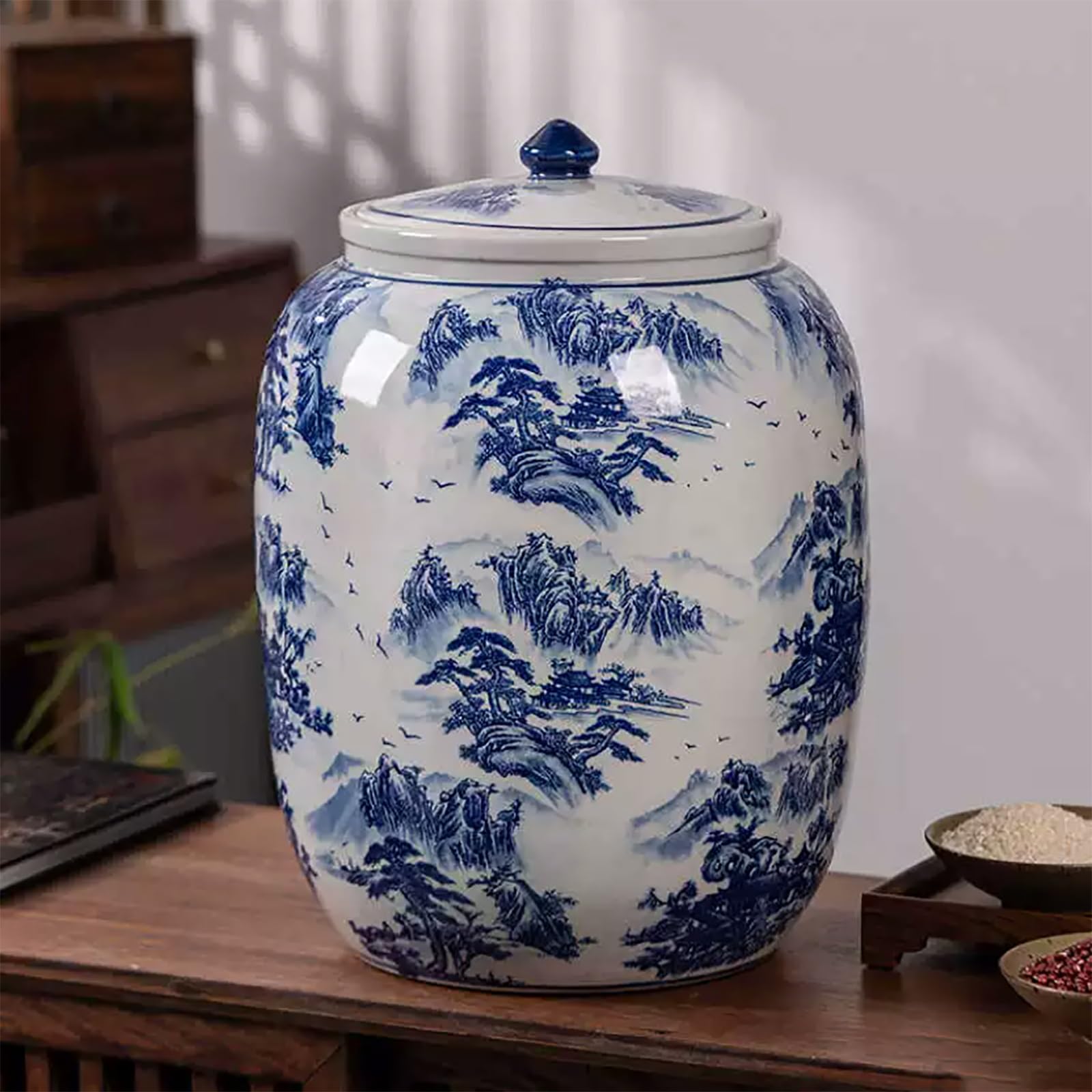 Vaso in Ceramica per Riso Contenitore di Conservazione in Ceramica per Riso e Cereali Dispenser di Riso Ermetico Grande Contenitore per Conservazione di Riso, Dispenser Alimentare di Grande Capacità