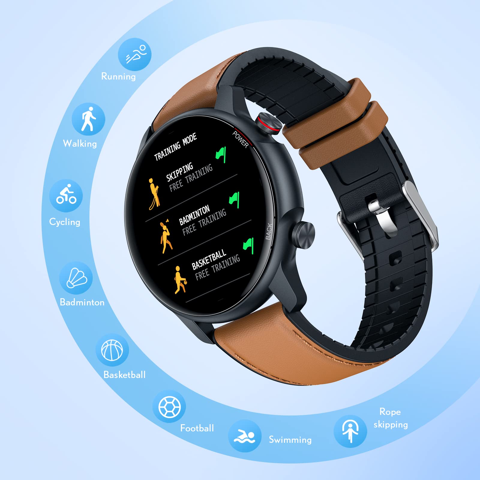 Smartwatch Homme Montre Connectée Sport 1,32 Pouces IP68 Étanche Écran Tactile Bracelet Connectee Moniteur Sommeil Fréquence Cardiaque Podomètre Fitness Tracker Android iOS Ronde Cuir