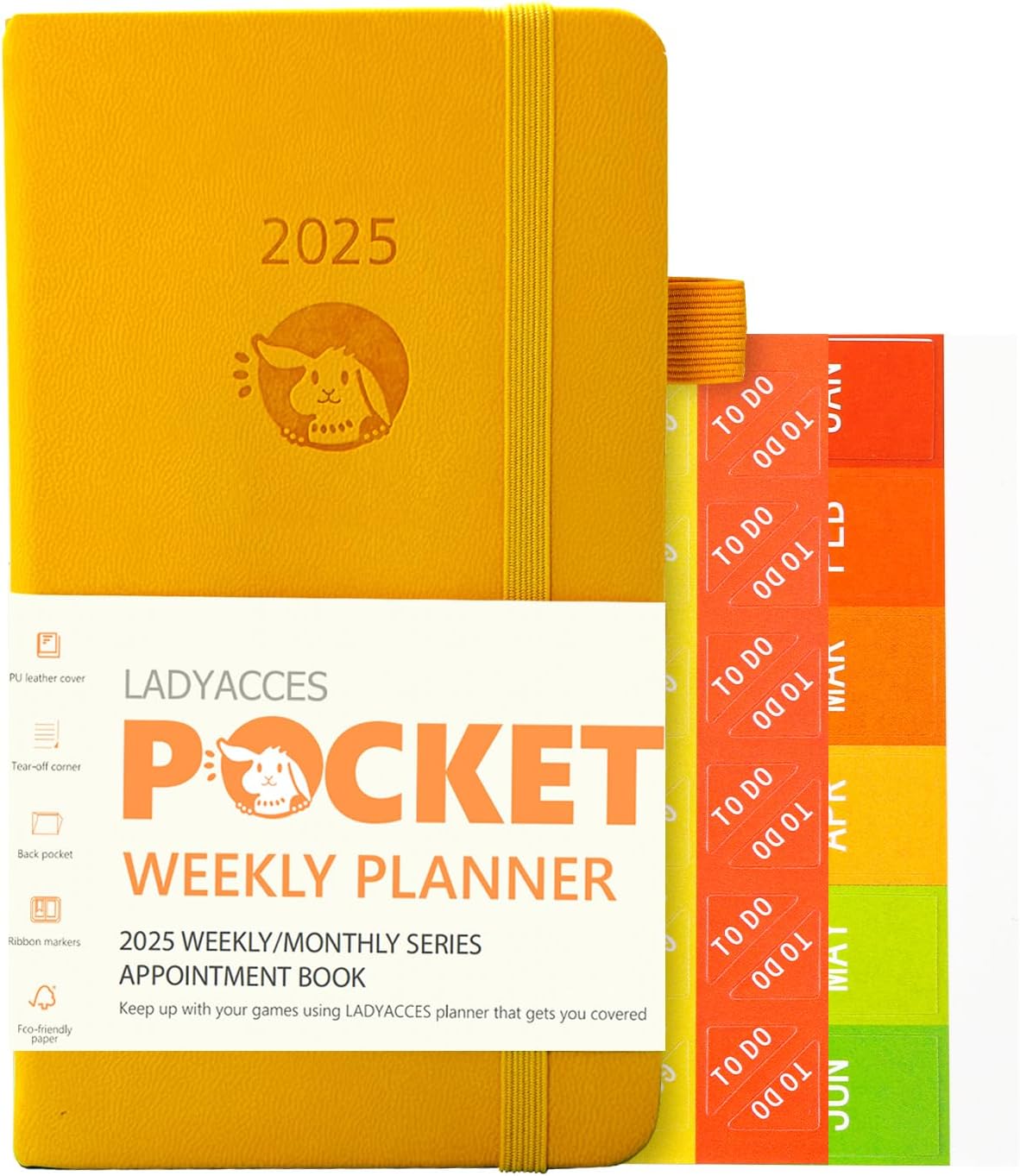LADYACCES 2025 Pocket Calendar 2025 Weekly and Monthly Planner for Purse, Small Agenda 2025 with Vegan Leather Hard Cover, Elastic Closure, Inner Pocket, Pen Hold, Book Markers – 3.5″ x 6″ – Yellow