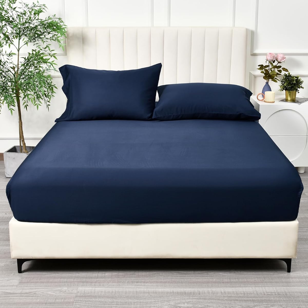 PHF 100% Rayon Derived from Bamboo Fitted Sheet Queen Size, 16" Deep Pocket,2.5cm Wider Strong Elastic Easy Fit, Breathable Silky Soft Skin-Friendly for Hot Sleeper, 60"x 80",Navy Blue, No Pillowcase