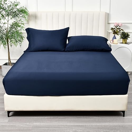 PHF 100% Rayon Derived from Bamboo Fitted Sheet Twin Size, 16" Deep Pocket,2.5cm Wider Strong Elastic Easy Fit, Breathable Silky Soft Skin-Friendly for Hot Sleeper,39"x 75",Navy Blue,No Pillowcase