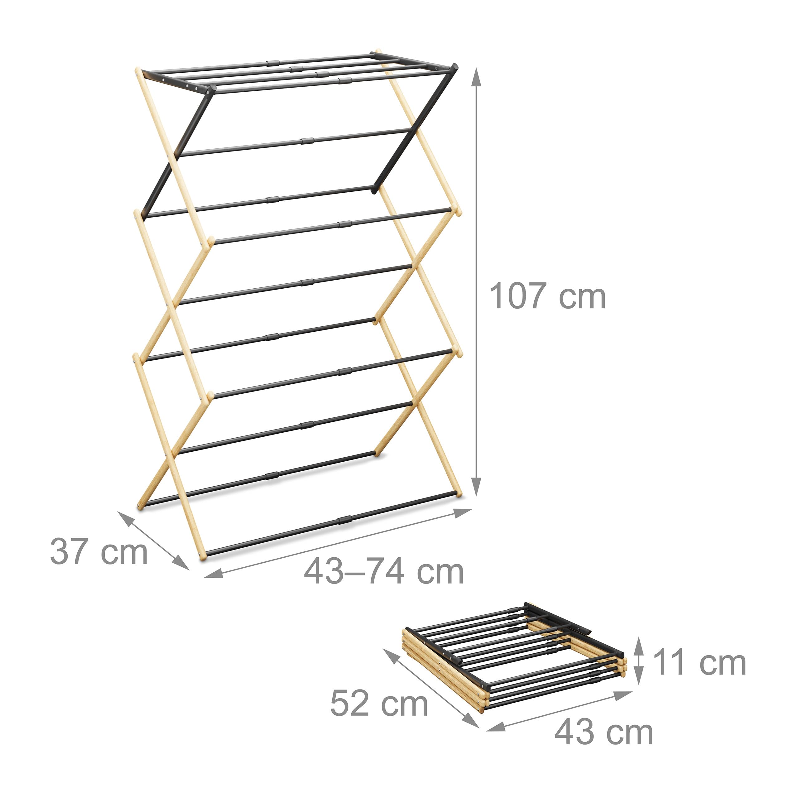Tendedero Relaxdays, Plegable, Extensible, 11 Barras, HxBxT: 107 x 43-74 x 37 cm, bambú y Metal, Natural/Negro