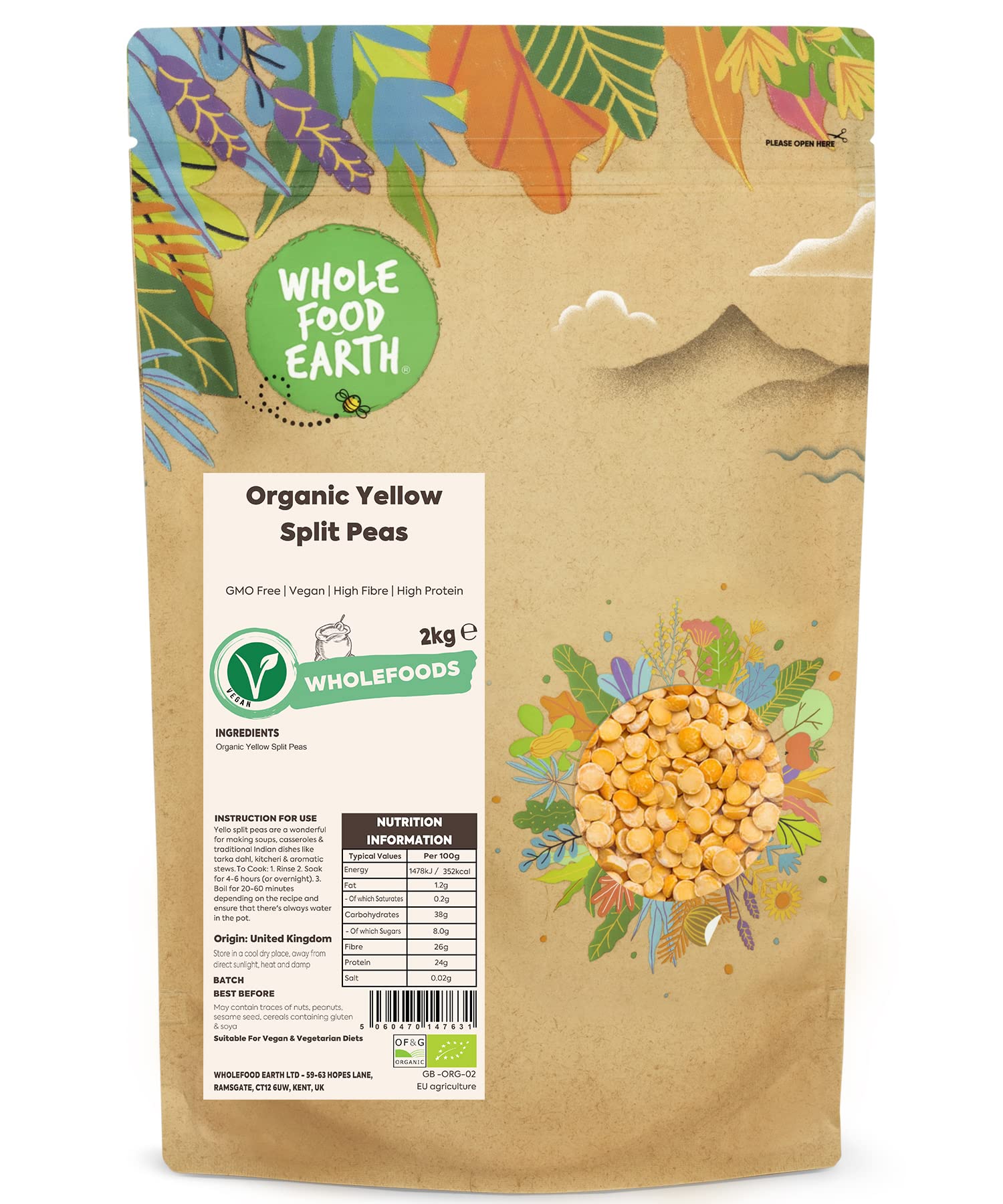 Wholefood Earth Organic Yellow Split Peas 2kg GMO Free | Vegan | High Fibre | High Protein | Certified Organic