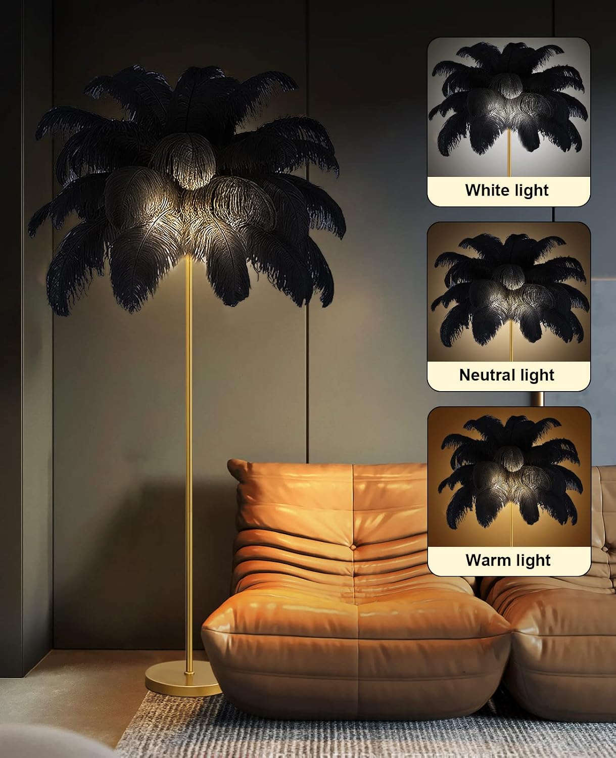 Upgrade Ostrich Feather Floor Lamp,Modern Standing Lamp 3 Color Dimmable with Foot Switch,Fringe lamp Gold Feather Floor Lamp All Copper lamp Body,Floor Lamp for Dining Room (Black)