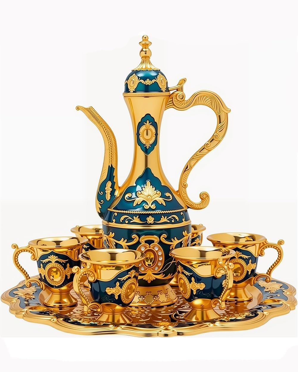 Vintage Turkish Tea Set with Tray and 6 Cups Exquisite Wine Pot Set Decorative Retro Tea Service Set for Home Party Decor (Golden Blue)