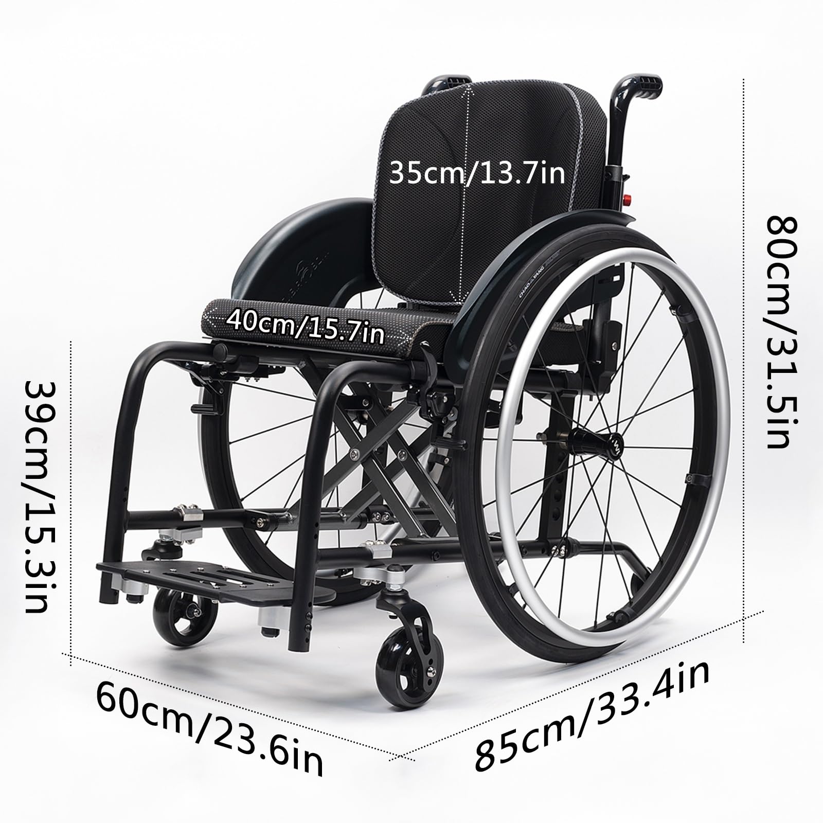 Silla de ruedas manual ligera, silla de ruedas deportiva ultraligera portátil todo terreno, silla de ruedas plegable, sillas de ruedas de transporte con antivuelco(Black B,40cm/15.7in)