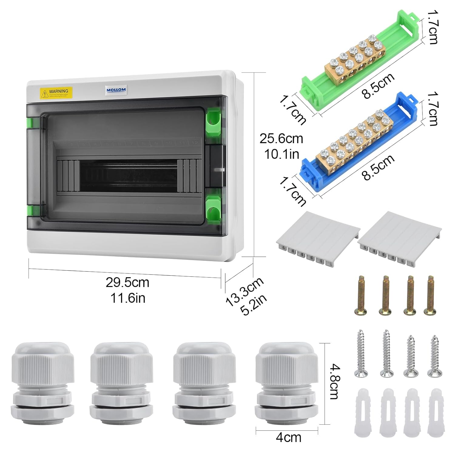Mollom 12 Way HA Series Power Distribution Box with Bus Bars and Din Rail for Miniature Circuit Breaker MCB,Waterproof IP66,Solar Power Distribution Panel for Indoor and Outdoor Use