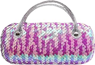 Women Kids Girls Boys Reversible Sequins Eyeglass Case Glasses Pouch Dazzling Sparkle Glitter Hard Shell with Handle, Purple+silver, One Size