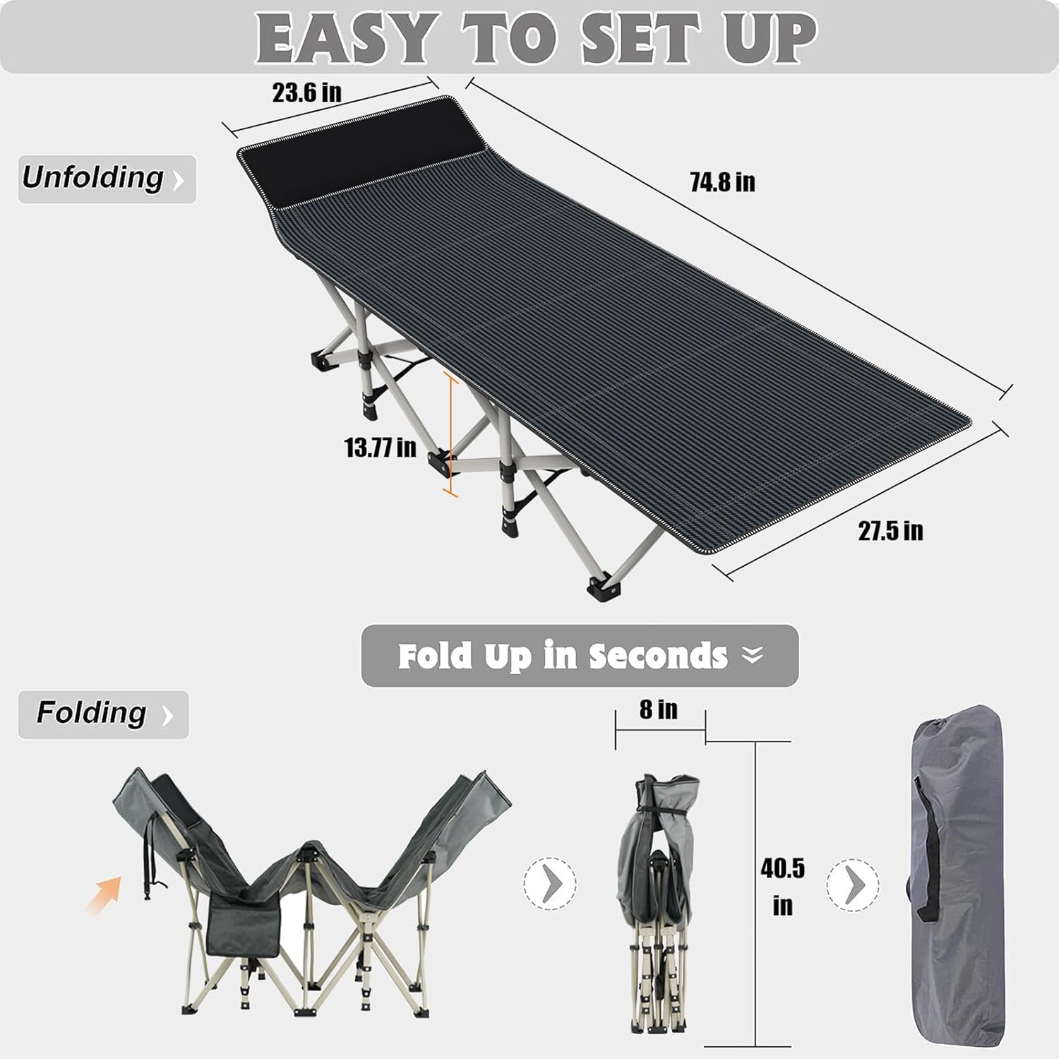 Heavy Duty Camping Cot for Adults with Mattress, 10-Leg Portable Folding Cot Bed, Extra Stable Sleeping Cot for Camping, Travel, Tent & Indoor Guest Use, 500 lbs Capacity (C-Gray&biue) Gray & Blue with Mattress