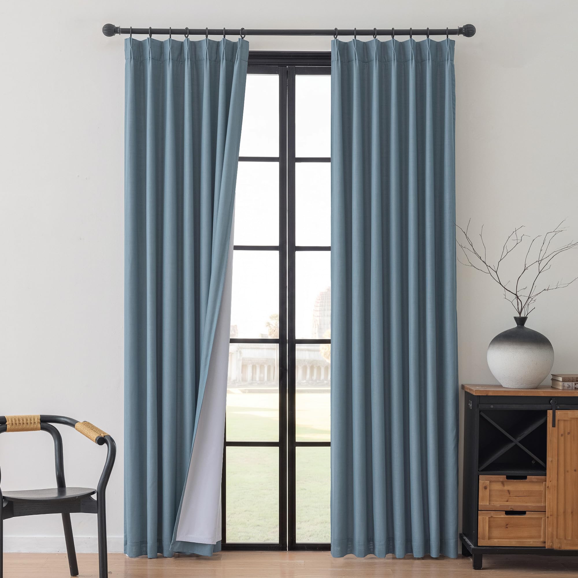 MYSKY HOME Dusty Blue Linen Pinch Pleated 100% Blackout Curtains,2 Panels