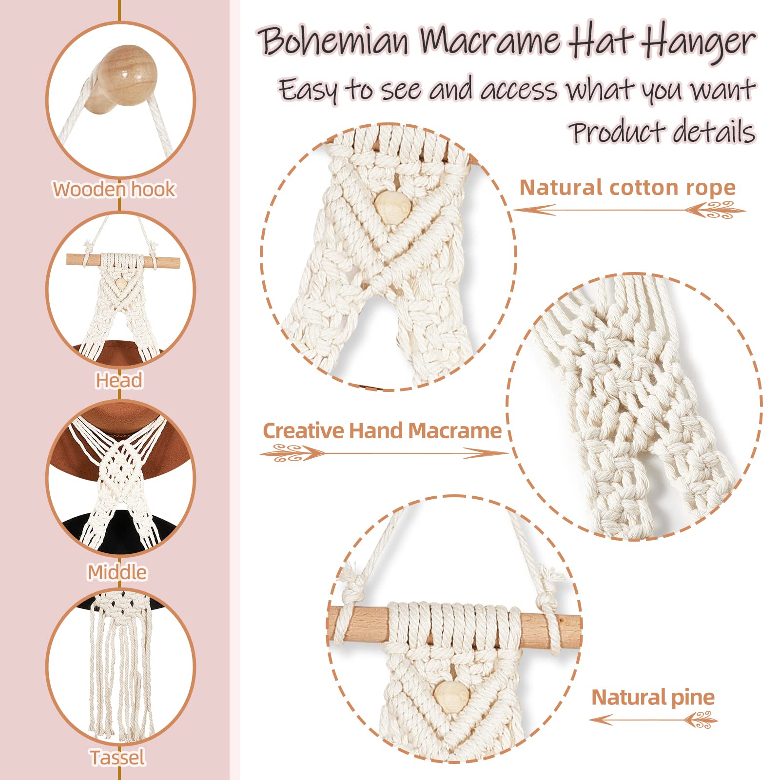 Boho Macrame Hat Hangers For Wall | 2-Hole Hat Organizer With Adhesive Hook | Decorative Cap Holder For Wide Brim Hats - View #6