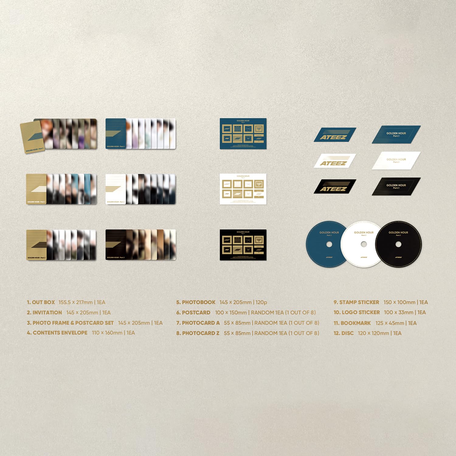 ATEEZ - [GOLDEN HOUR : Part.1] (GOLDEN HOUR Ver.) Invitation + Photo Frame + Postcard Set + Envelope + Photobook + Postcard + Photocard + Sticker + Bookmark + Disc + 2 Pin Badges + 4 Extra Photocards