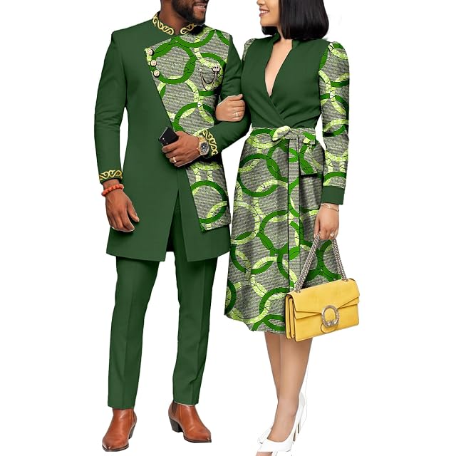 African Couple Clothes 2 Pieces Sets Womens Dress and Mens Suit Cloth Wedding