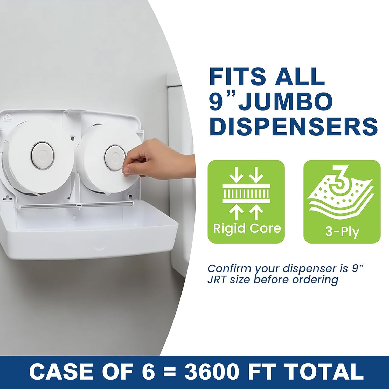 Commercial toilet paper - Jumbo toilet paper rolls -3,600 FT Industrial 3-Ply 9” Bulk Large Roll for Standard Jumbo Dispenser -100% Recycled Fibers-Soft and Absorbent Bathroom Tissue -6 Roll Case Pack