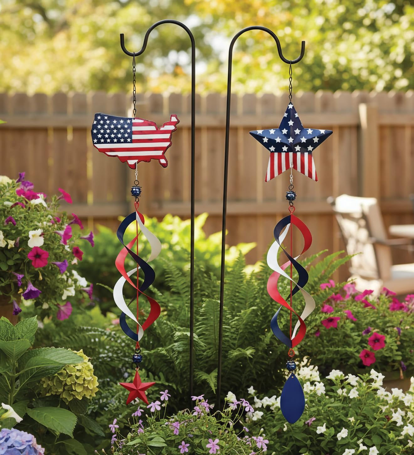 Regal Art & Gift Americana Hanging Wind Spinner Set of 2, Patriotic Kinetic Outdoor Decor, Weather-Resistant Polyester and Rubber Spiral Ornaments for Porch and Garden – 2Pc Star and Flag