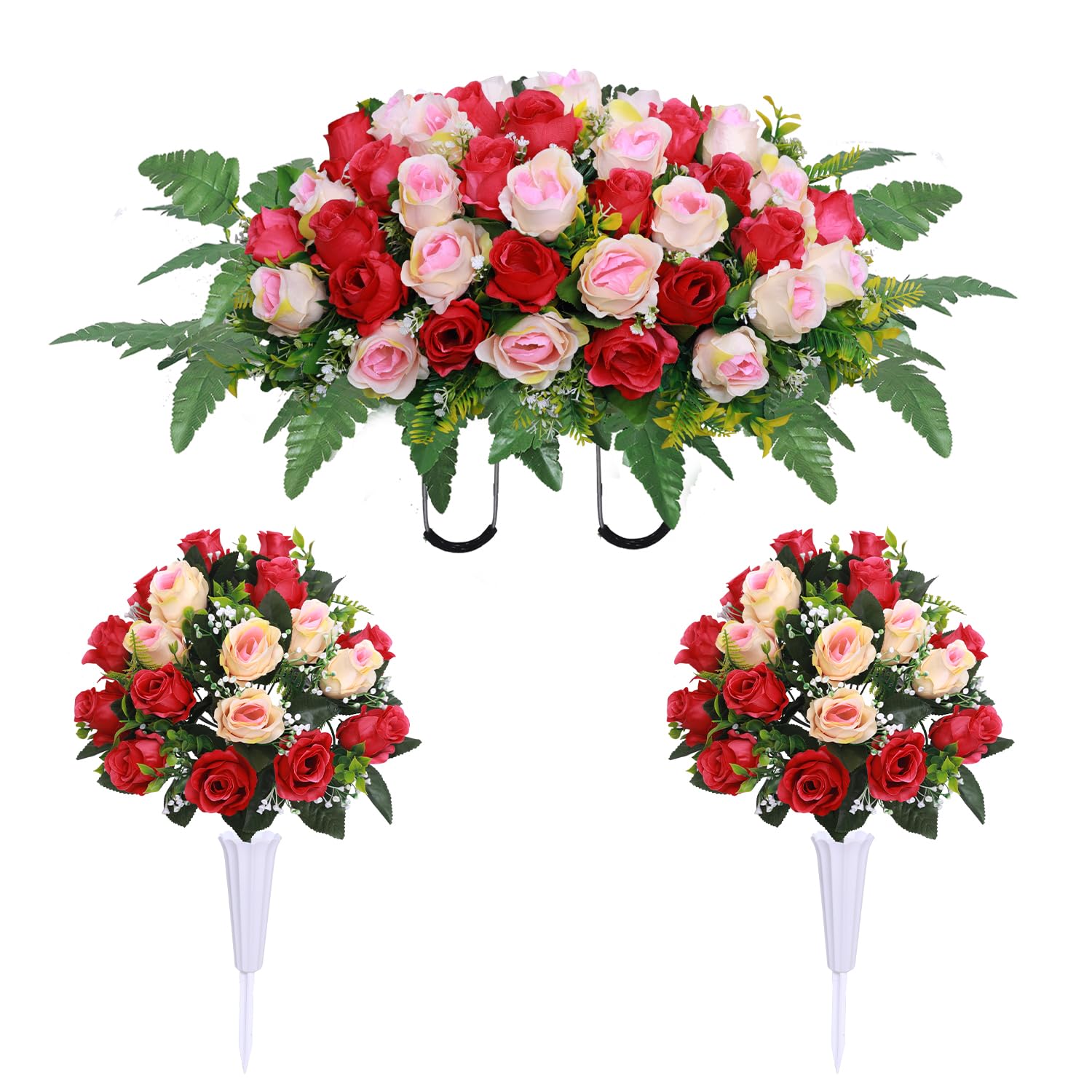 Lodou 3 Pcs Artificial Cemetery Flower Saddles, Rose Headstone Flower Saddle,Cemetery Memorial Flowers with Vase for Outdoor Grave Tombstone