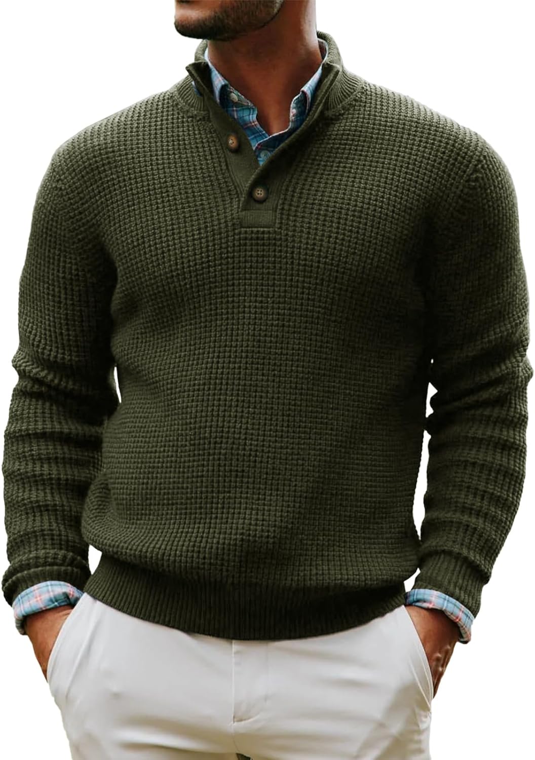 Runcati Mens Pullover Sweater Knitted Quarter Button Stand Collar Casual Thermal Henley Sweaters