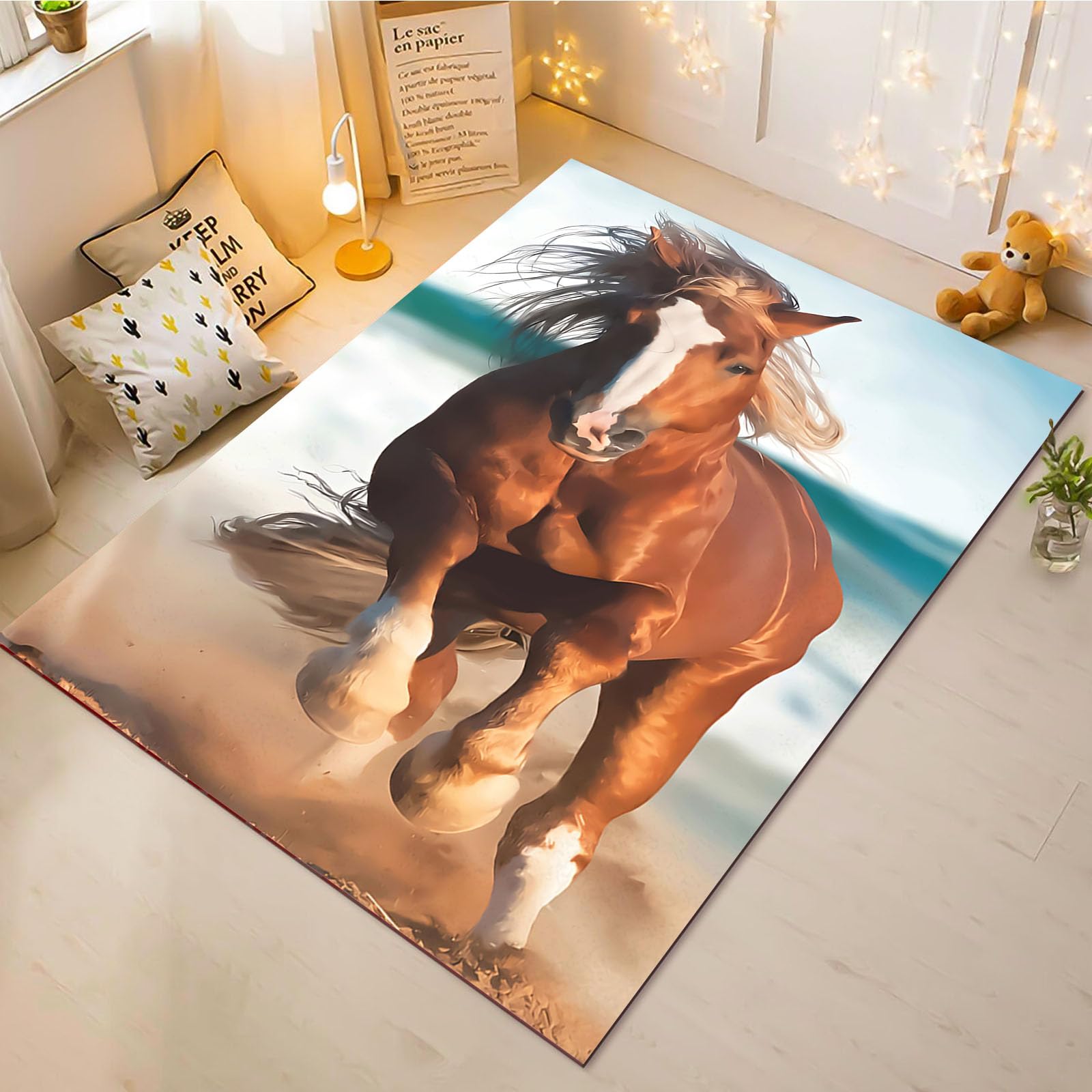Tapis motif cheval et fleurs grand format 160x230 cm pour enfant