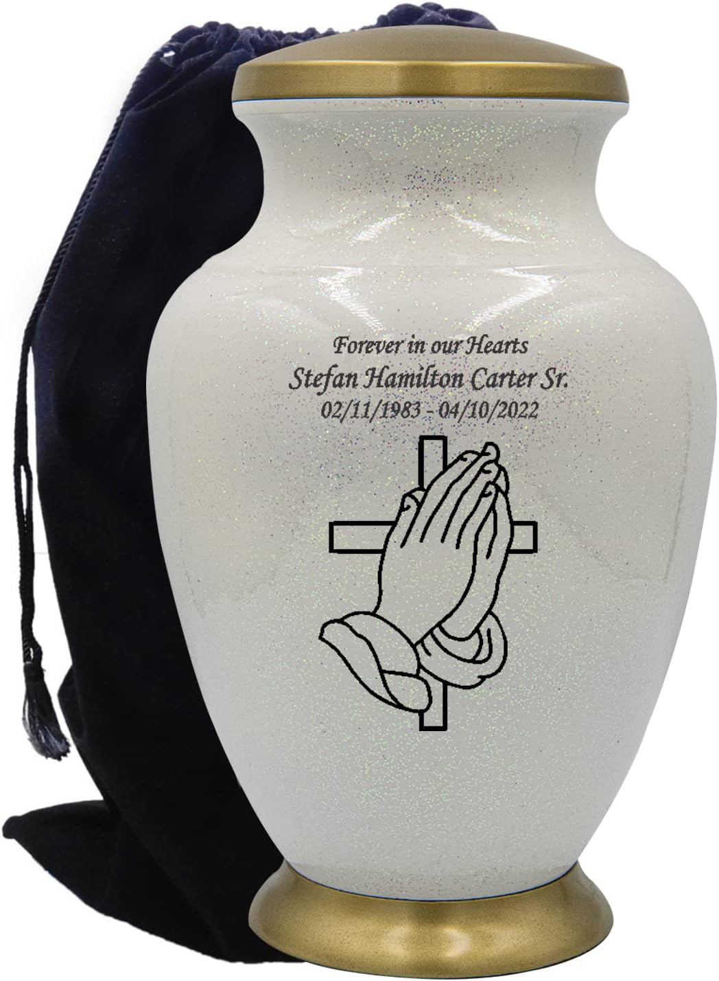 Praying Hands and Cross Cremation Urn for Humans with Personalization and Velvet Bag