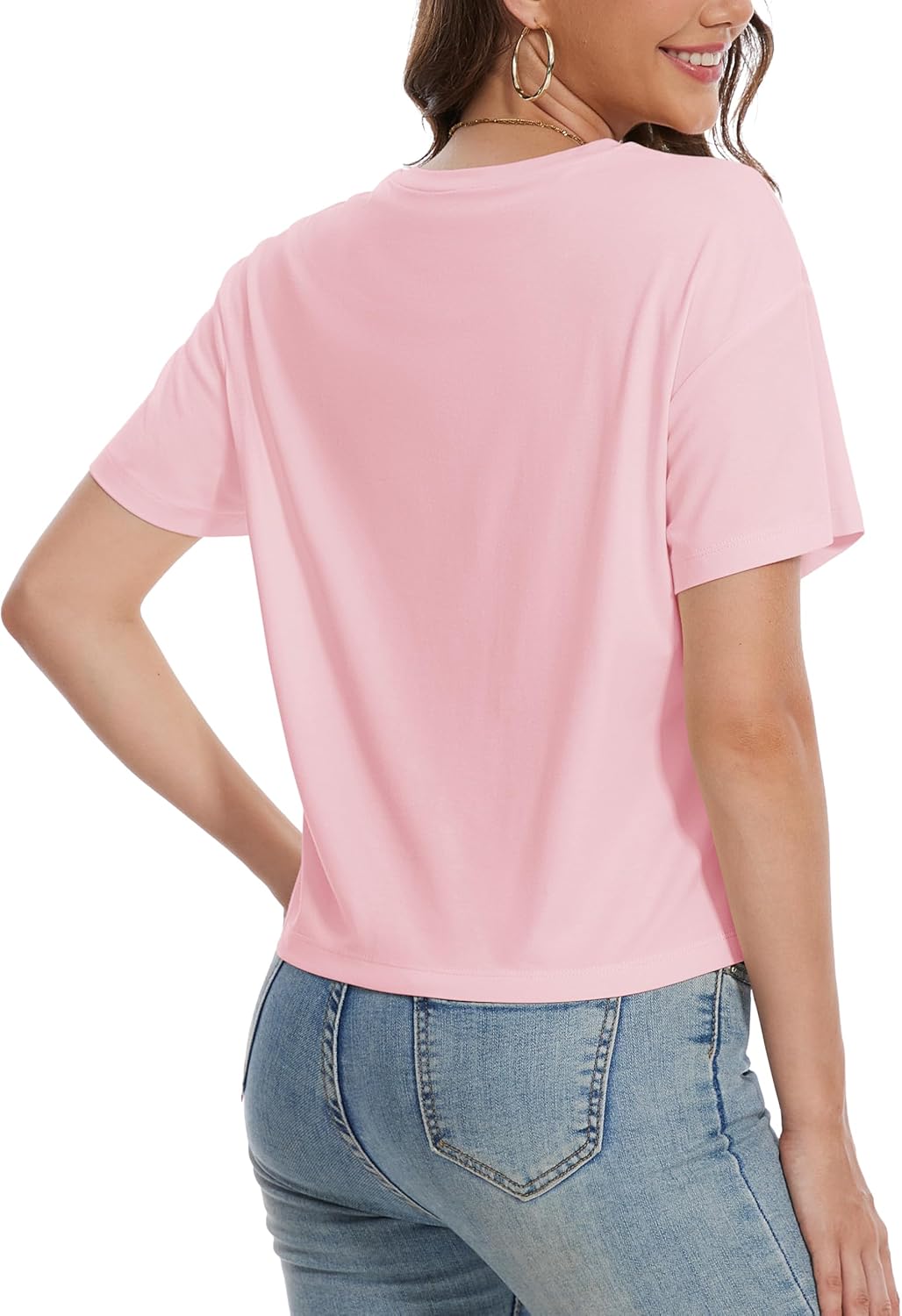 YUCOLEN Women's Crop Tops Summer Short Sleeve Cotton UPF 50+ Round Neck Casual Loose Cropped T-Shirts Solid Basic Tees - Image 2