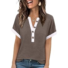 MixShe Tops for Women V Neck Short Sleeve Button Casual Contrast Trim Lightweight Shirts