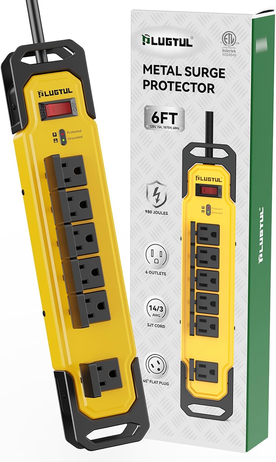 PLUGTUL Heavy Duty Surge Protector with Safety Cover, 15A Metal Power Strip, 6FT Extension Cord, 14/3 AWG, 980Joules, Kitchen, Garage, Shop, Industrial Wall Mount, ETL Listed