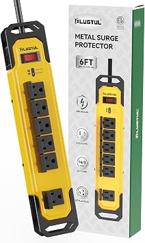 PLUGTUL Heavy Duty Power Strip with Safety Cover, 15A Metal Power Strip | 6FT Extension Cord, 14/3 AWG, Flat Plug, Kitchen, Garage, Shop, Industrial Wall Mount, ETL Listed
