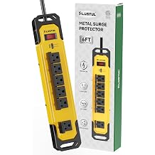 PLUGTUL Heavy Duty Surge Protector with Safety Cover, 15A Metal Power Strip, 6FT Extension Cord, 14/3 AWG, 980Joules, Kitchen, Garage, Shop, Industrial Wall Mount, ETL Listed