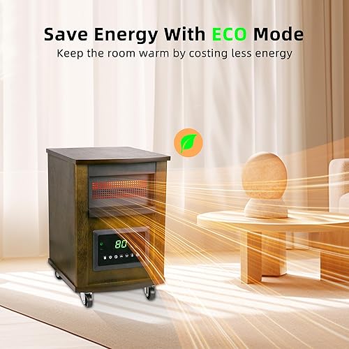 Miniatura 6 de Calentador de espacio infrarrojo de 1500 W con 3 ajustes de calor, protección contra sobrecalentamiento remoto y protección contra vuelcos, ruedas