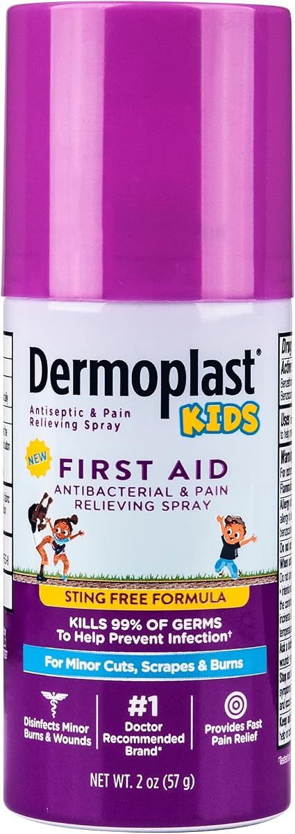 Dermoplast Kids Spray de primeros auxilios sin picaduras, antiséptico, 2 oz | El spray de primeros auxilios sin picaduras para niños combina cuidados antisépticos y analgésicos para cortes, raspaduras y quemaduras menores.