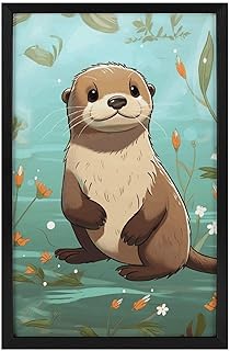 GHEPSDW Wall Art, Cartoon Cute Otter Wood Frame Canvas Painting Ready to Hang, Modern Decorative Artwork for Living Room, Bedroom, Office And Kitchen