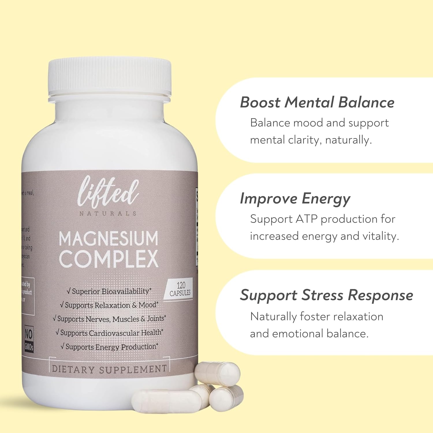 Magnesium Complex - Lifted Naturals Magnesium Supplement w/Bisglycinate, Malate, Taurate - 120 Capsules - Bioavailable Magnesium Formula for Mood, Sleep, Energy Support*