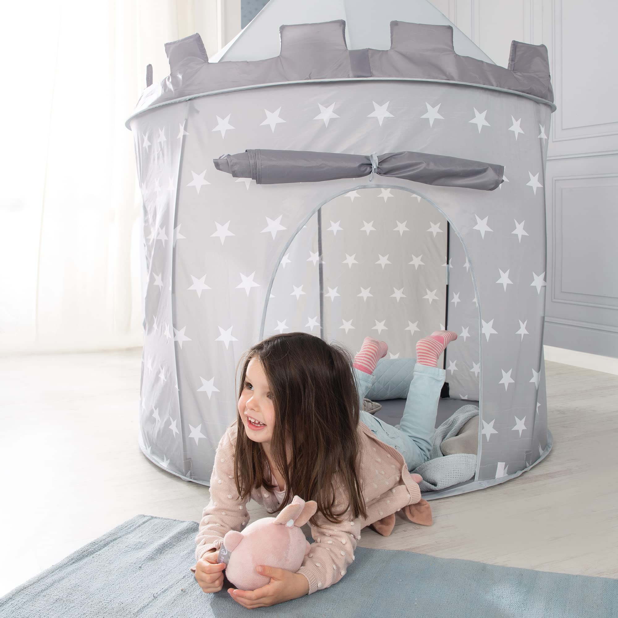 roba Tenda da Gioco - Little Stars - Casetta da Gioco in Tessuto - 105 x 135 cm - Telaio con Barre in Fibra di Vetro - Borsa Inclusa - Grigio