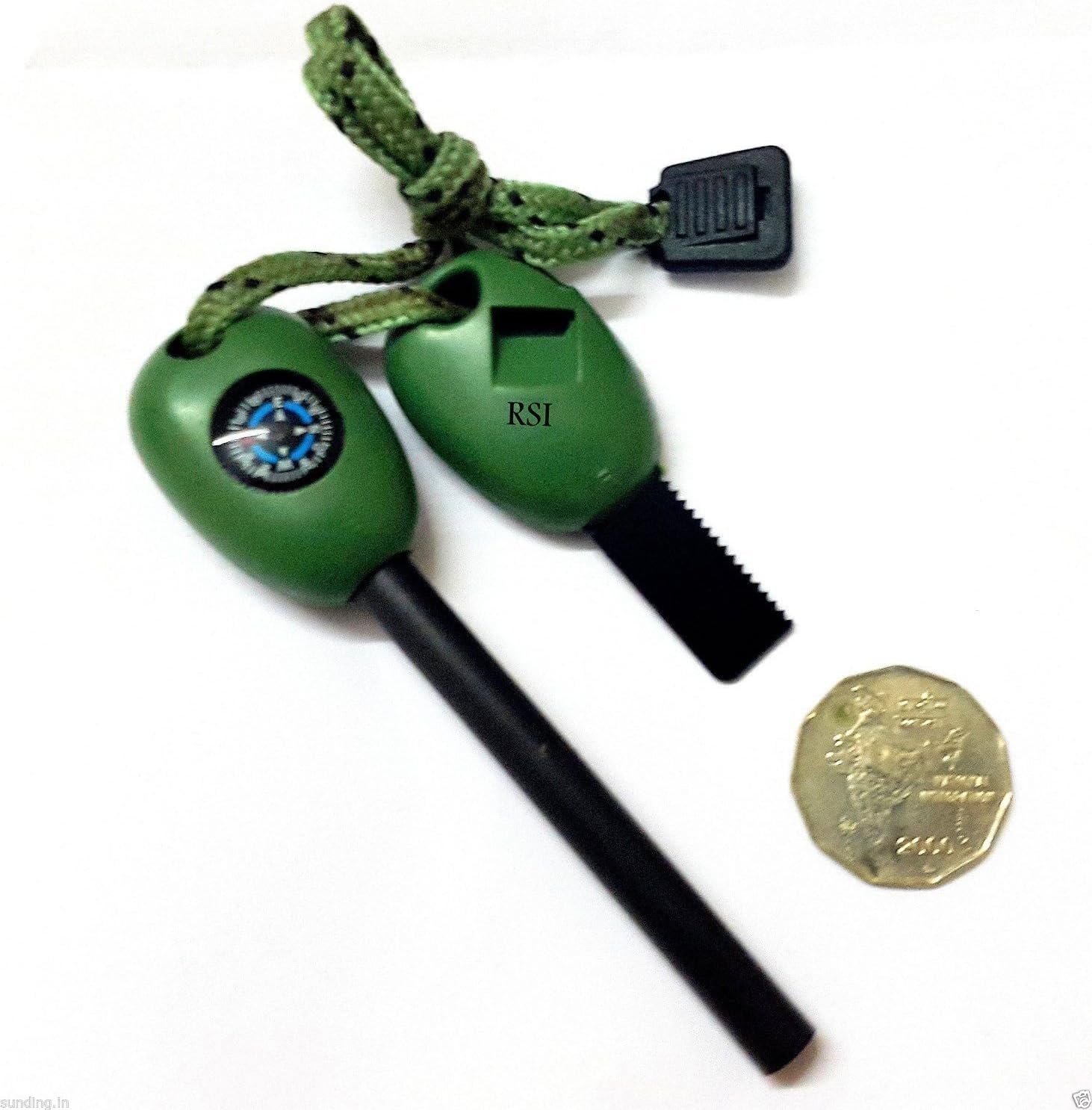 5 in 1 Army Fire Starter 1.Flint Fire Starter 2.Whistle 3.Compass 4.Sawtooth 5.Ruler