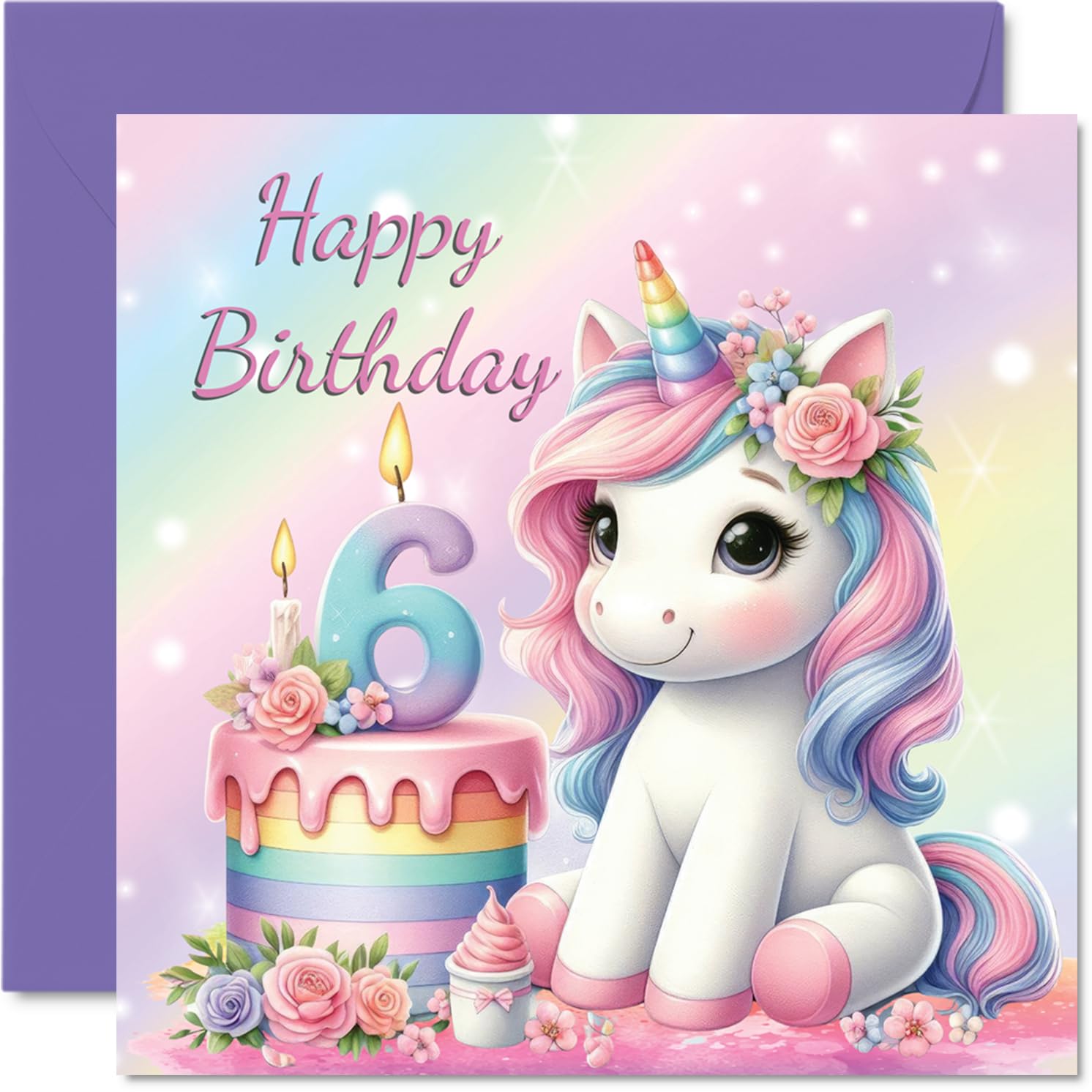 6th Birthday Cards for Girls - Unicorn Cake - Happy Birthday Card for 6 Year Old Girl Great Niece Granddaughter Niece Daughter, 145mm Bday Greeting Cards