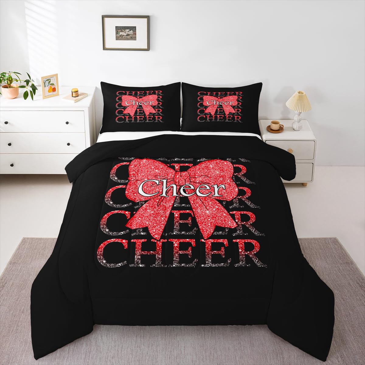 Feelyou Cheer Bow Comforter Set All Season Cheerleader Bedding Set with 1 Pillow Cases Funny Sport Microfiber Kids Toddler Bedclothes Red Bedroom Decor Duvet Quilt Breathable Soft Lightweight