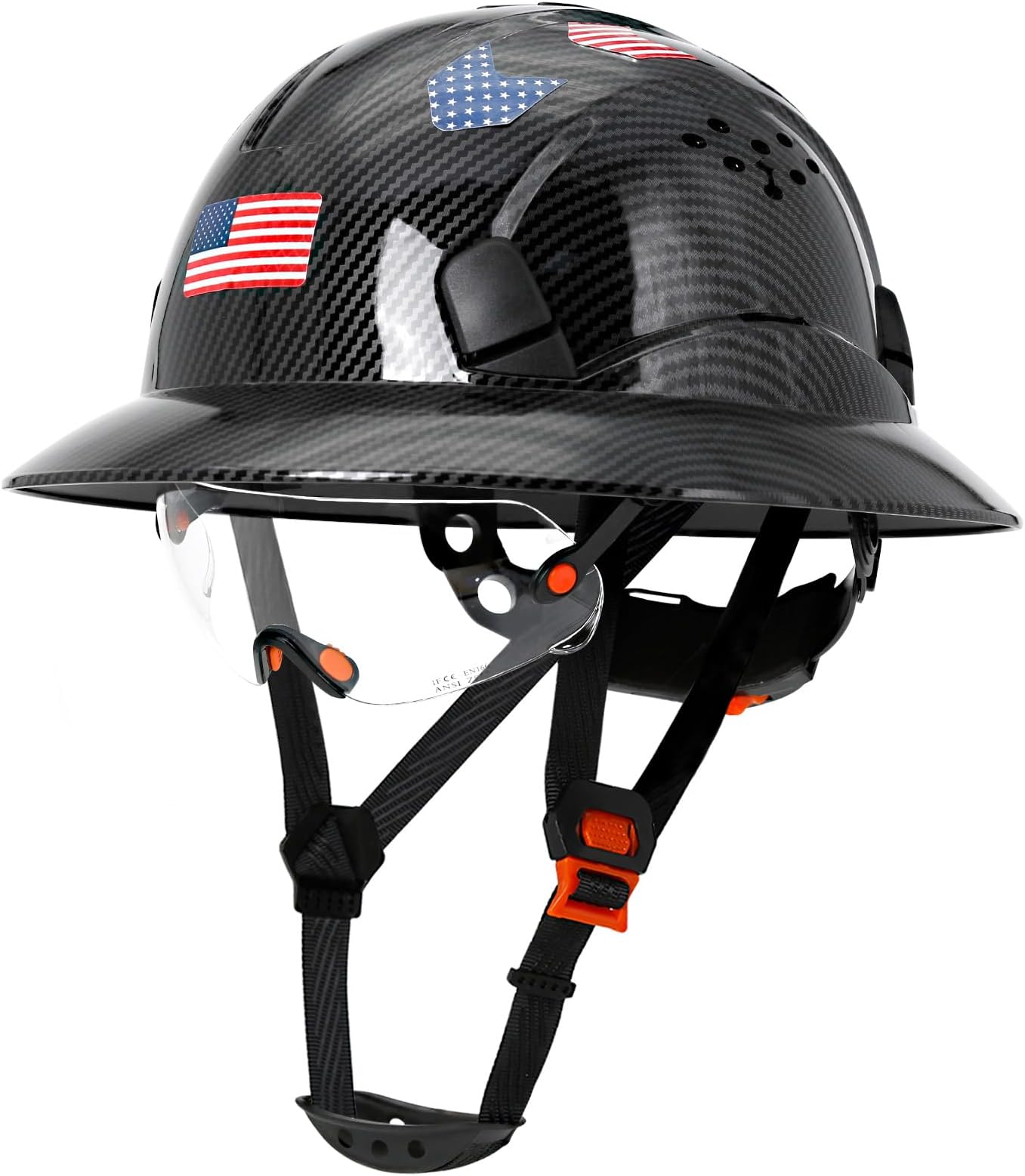Carbon Fiber Pattern Full Brim Hard Hat with Visor-OSHA Approved Construction Safety Helmet for Men Women,ANSI Z89.1 Vented Reflective Hardhat with Hard Hat Chin Strap,6-Point Suspension